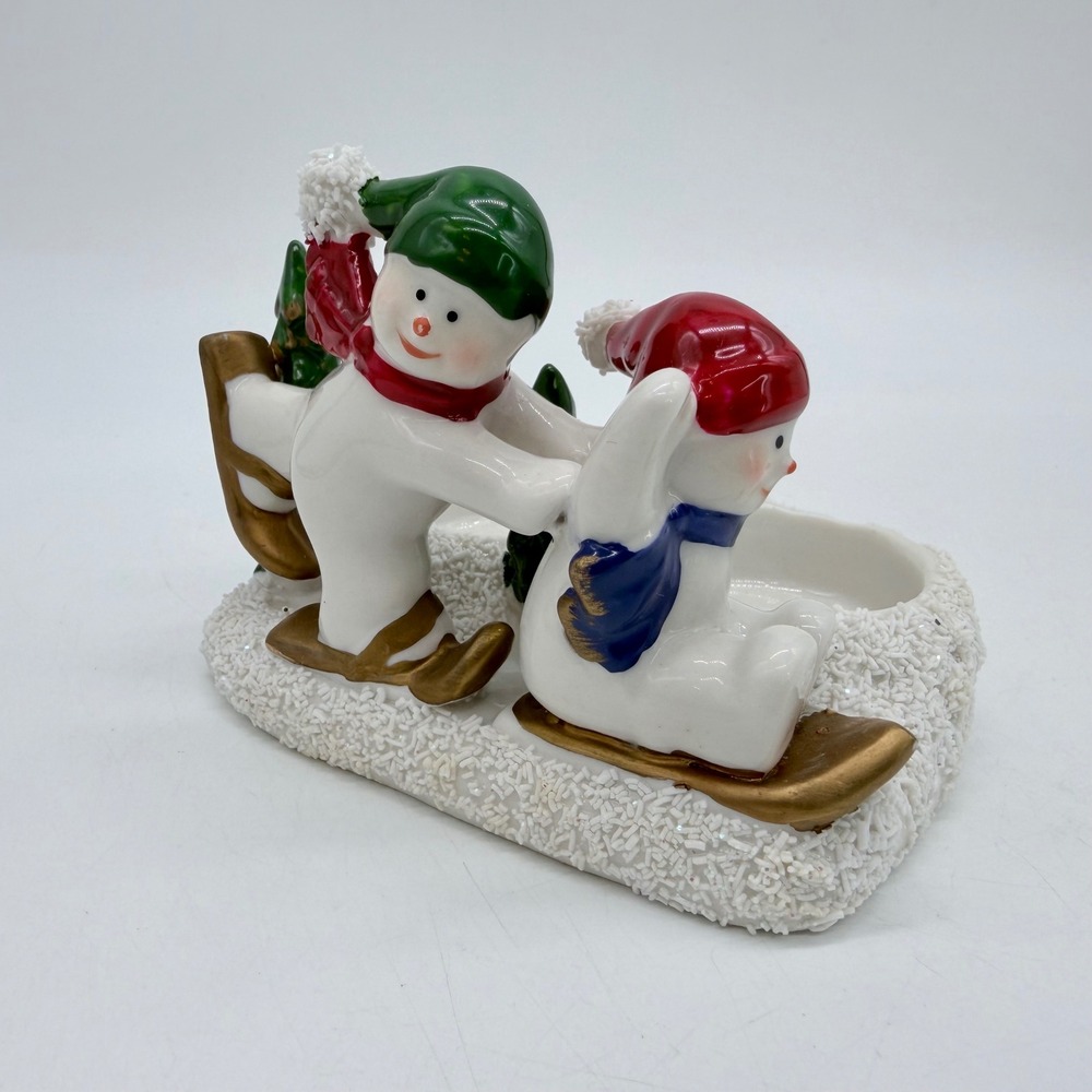 Vintage Ceramic Snowman Skiing Sledding Double Votive Candle Holder